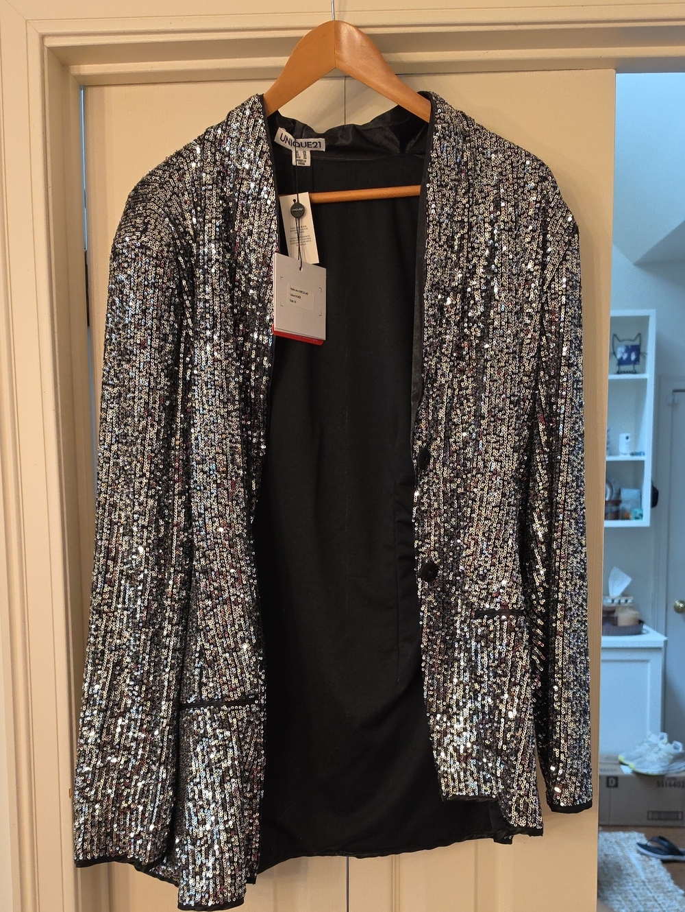 Unique Vintage Silver Sequin Open Blazer